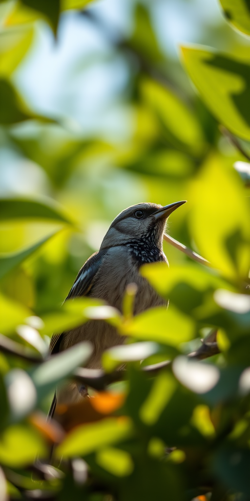 captured with a DSLR camera, 50mm lens, aperture f/2.8, ISO 100, shutter speed 1/200s, shot from a low angle to highlight the bird among the leaves in natural sunlight, focus on the bird with a blurred background to enhance depth of field