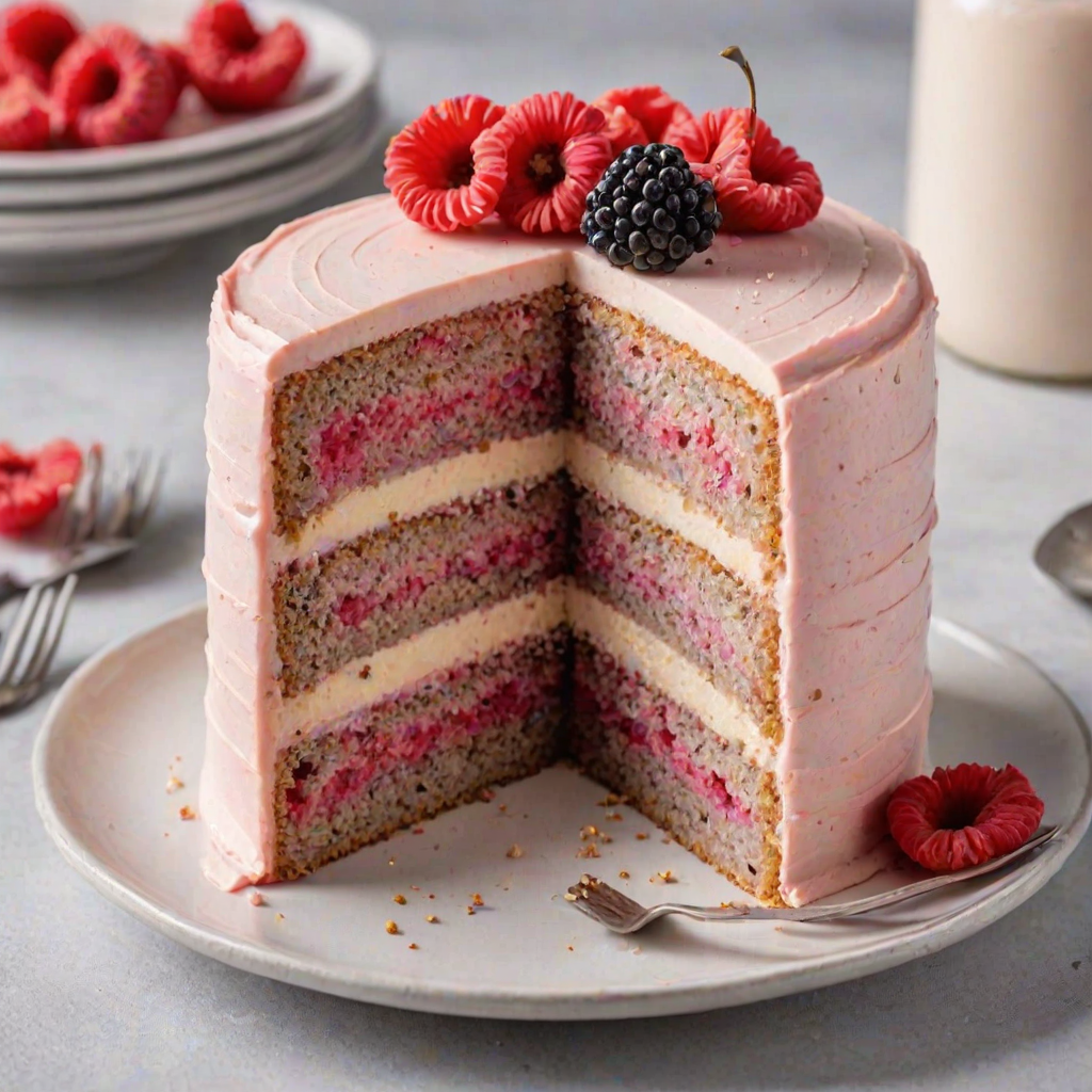 Generate an image of a sliced cake with layers showing a light colored cake with poppy seeds and a pink fruit filling between the layers. The frosting on top is white and smooth, and the cake is presented on a simple plate against a light background.