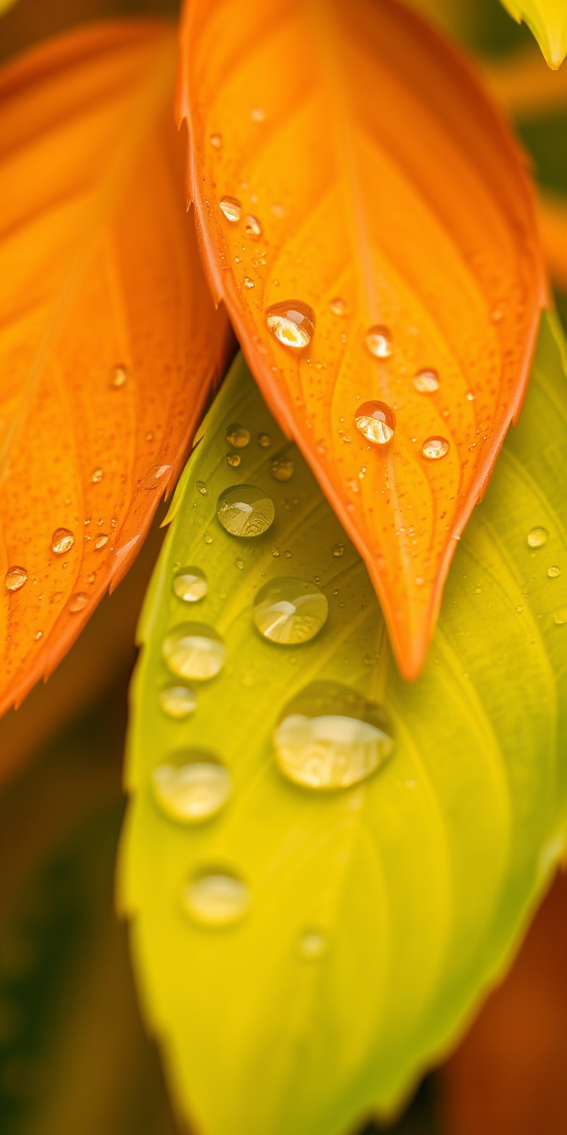 Close-up shot of vibrant green and orange leaves with water droplets, soft focus background, f/2.8 aperture, 1/200s shutter speed, ISO 100, macro lens, natural light, DSLR camera, 50mm focal length.