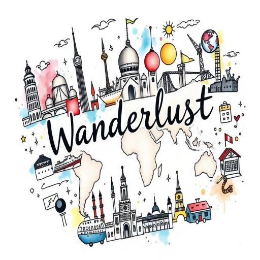 Sketch-style tattoo named "Wanderlust Chronicles" showcasing a travel-themed collage of landmarks, maps, and cultural symbols from around the world, rendered in a loose, hand-drawn style with splashes of watercolor for added depth and vibrancy