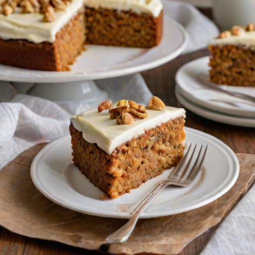 Generate an image of a slice of carrot cake on a decorative white plate. The cake should have layers filled with cream cheese frosting and be topped with chopped nuts. Include a fork beside the plate and ensure the background has a rustic, neutral texture.