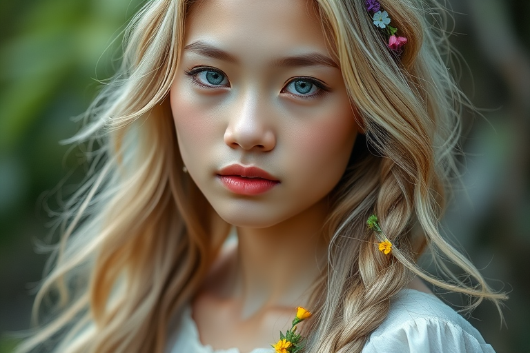 Create an image of a young Thai woman with long, wavy blonde hair, adorned with small, colorful flowers woven into her braids and loose strands. Her complexion is fair, with soft, glowing skin, and she has light blue eyes that gaze softly at the viewer. She wears a light, flowing dress with a gentle, ethereal quality, complementing her delicate and serene appearance. The background is slightly blurred, drawing focus to her tranquil expression and the intricate details of the flowers in her hair. The overall mood of the image is one of natural beauty and grace, evoking a sense of peacefulness and connection with nature.