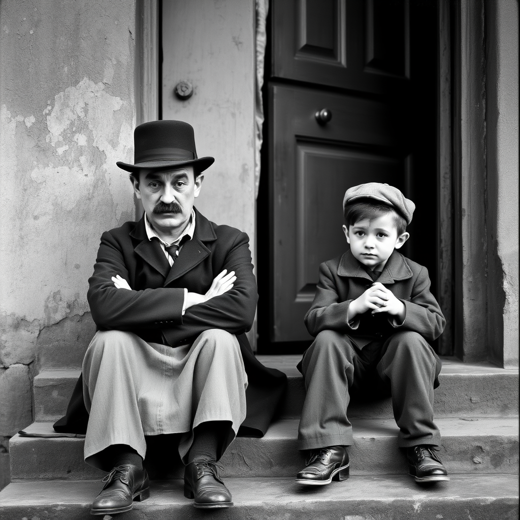 A black-and-white photograph of a man and a child sitting on steps in front of a doorway. The man is dressed as a tramp with a bowler hat, mustache, and ragged clothes, reminiscent of Charlie Chaplin's iconic look. He is sitting with his arms crossed and an expression of slight sadness or frustration. Next to him is a young boy, also in worn clothes and a cap, sitting with his hands clasped, looking thoughtful. The background is an old, textured wall and a partially open door, creating a vintage, early 20th-century atmosphere.