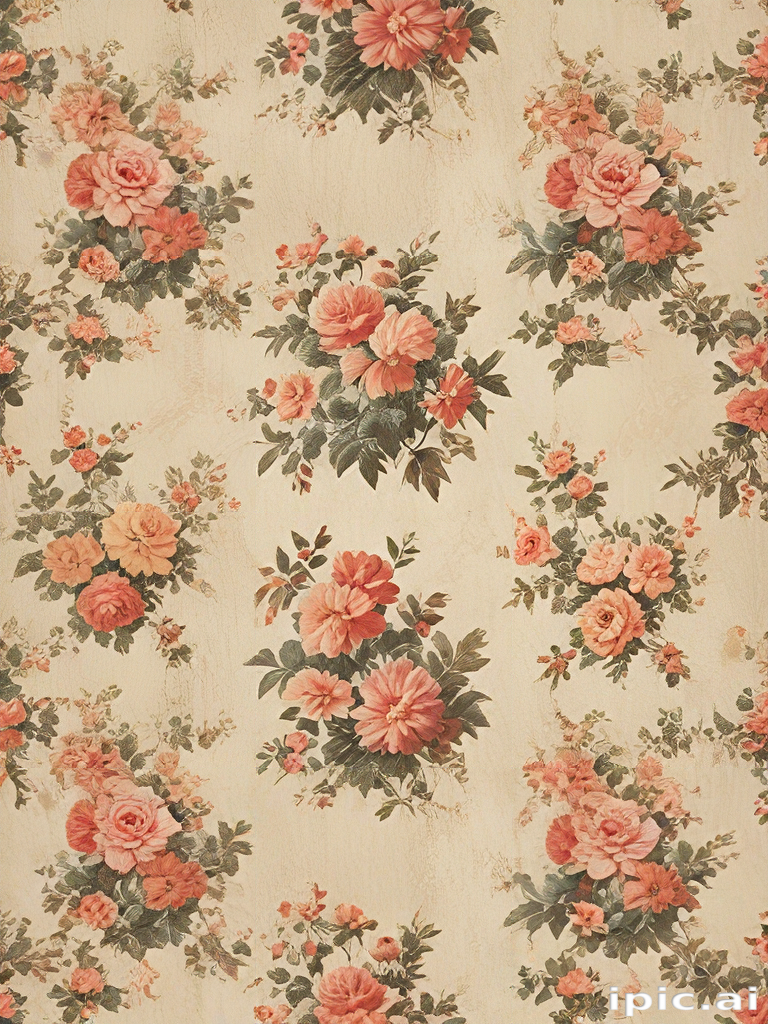 Vintage Floral Wallpaper Design Featuring Colorful Roses and Green Leaves