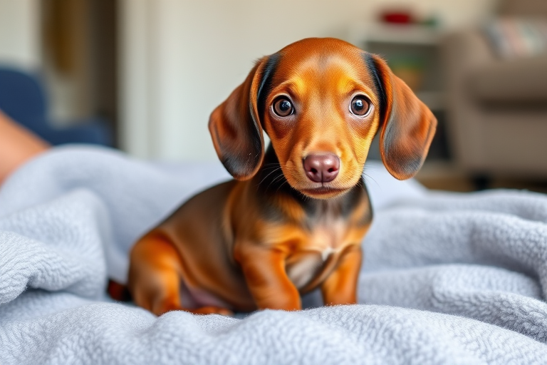 Cute brown dachshund puppy with big eyes sitting on a soft grey blanket looking directly at the camera in a well-lit environment.