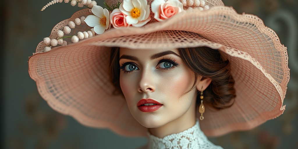 Create a high-resolution portrait of an elegant woman wearing a large decorative hat adorned with flowers and lace, with soft watercolor textures and intricate line work, shot with a Canon EOS R5, 50mm lens, f/1.4 aperture, natural light, and shallow depth of field for a dreamy effect.