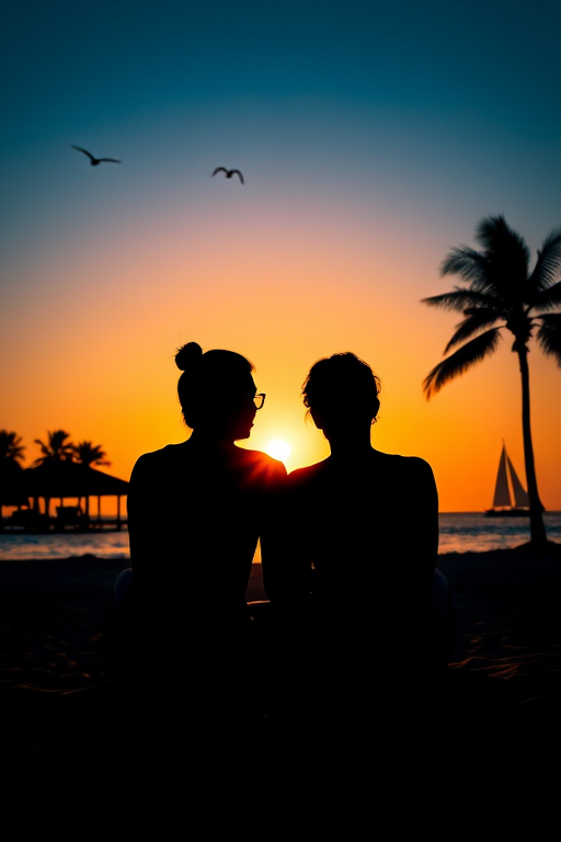 Create a silhouette image of a couple sitting on a beach at sunset, with palm trees, distant sailboats, and birds flying in the sky, using a DSLR camera with a 50mm lens, aperture f/1.8, ISO 100, golden hour lighting, and a low-angle perspective to enhance depth and color saturation.