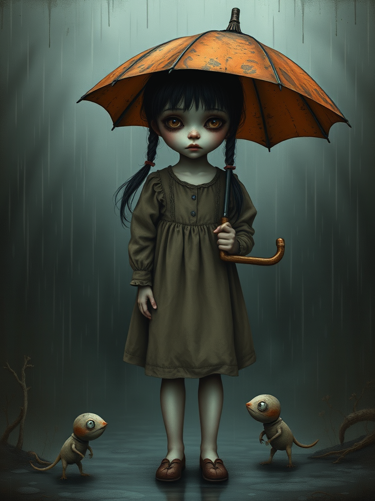 An eerie, weird little girl with dark hair in thin pigtails, wearing a smock dress, standing in the rain, holding a dirty orange umbrella, a small, odd creature beside her. In a surreal style inspired by Nicoletta Ceccoli and Brian Froud. Dark fantasy themes
