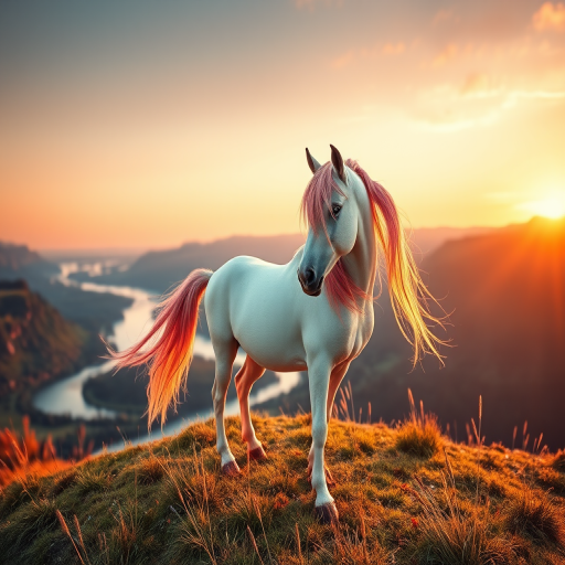 A majestic unicorn with flowing pink mane standing on a grassy hill overlooking a serene river valley at sunset, captured with a Canon EOS R5, 50mm lens, f/1.8 aperture, ISO 100, and soft focus background to enhance the vibrant colors and details.