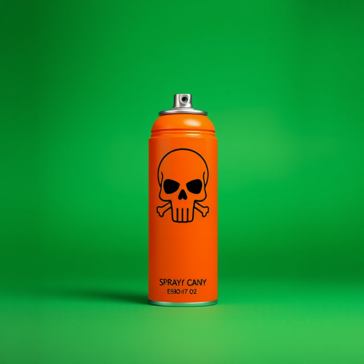 Create a high-resolution digital illustration of an orange spray can with a skull logo on a solid green background, using a Canon EOS R5 camera with a 50mm f/1.2 lens, aperture set to f/4, ISO 100, shot from a slightly low angle to enhance perspective, using vibrant colors and sharp details to emphasize the can's design.