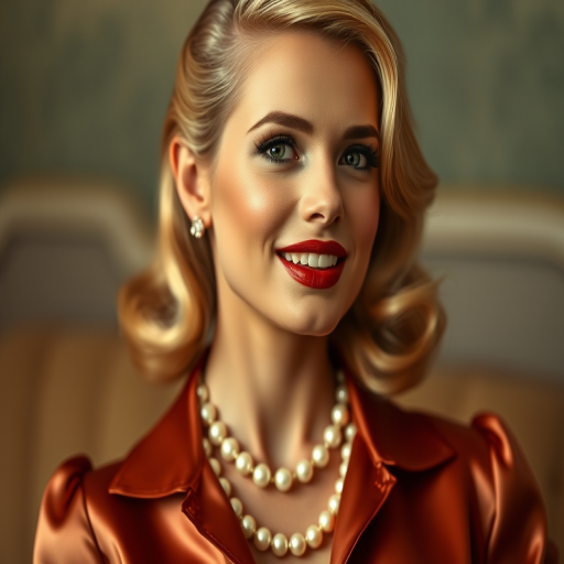 A beautiful Mizrahi woman reminiscent of 1950s Hollywood glamour, with perfectly styled blonde hair and a seductive smile, dressed in a satin blouse and adorned with pearls, soft and warm tones, photorealistic, 8K