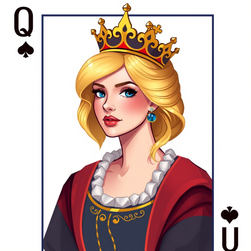 Create an image of a playing card featuring a queen with a blonde hairstyle and a crown, set against a light background, using a digital illustration style with a focus on vibrant colors, shot from an eye-level angle with a 50mm lens, f/8 aperture for sharp detail, and soft lighting for a polished look.