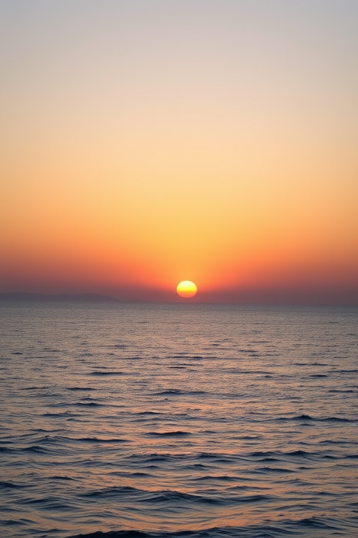 create a serene sunset over a calm ocean with soft gradients of orange and blue, DSLR camera, f/11 aperture, 1/125 sec shutter speed, ISO 100, wide-angle lens, high-resolution digital format