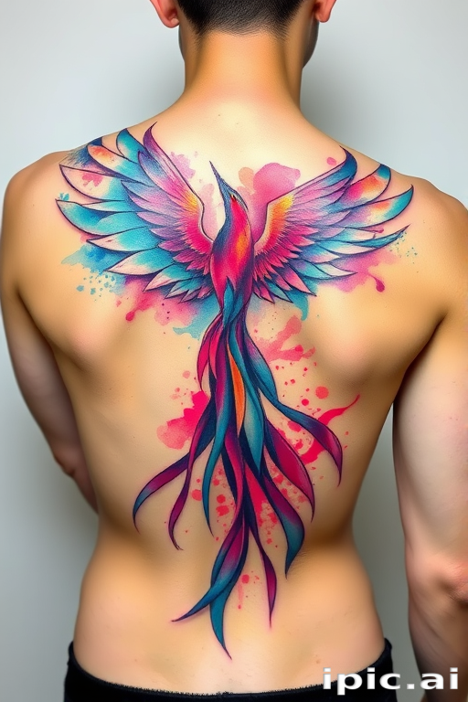 Vibrant watercolor phoenix tattoo design with iridescent feathers and flowing brushstrokes, incorporating shades of turquoise and magenta, emblazoned across the upper back in a sweeping arc
