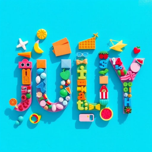 Create a vibrant, multicolored graphic of the word JULY made from various summer-themed icons, captured with a DSLR camera, 50mm lens, f/1.8 aperture, ISO 100, and in natural light for enhanced clarity and color saturation.