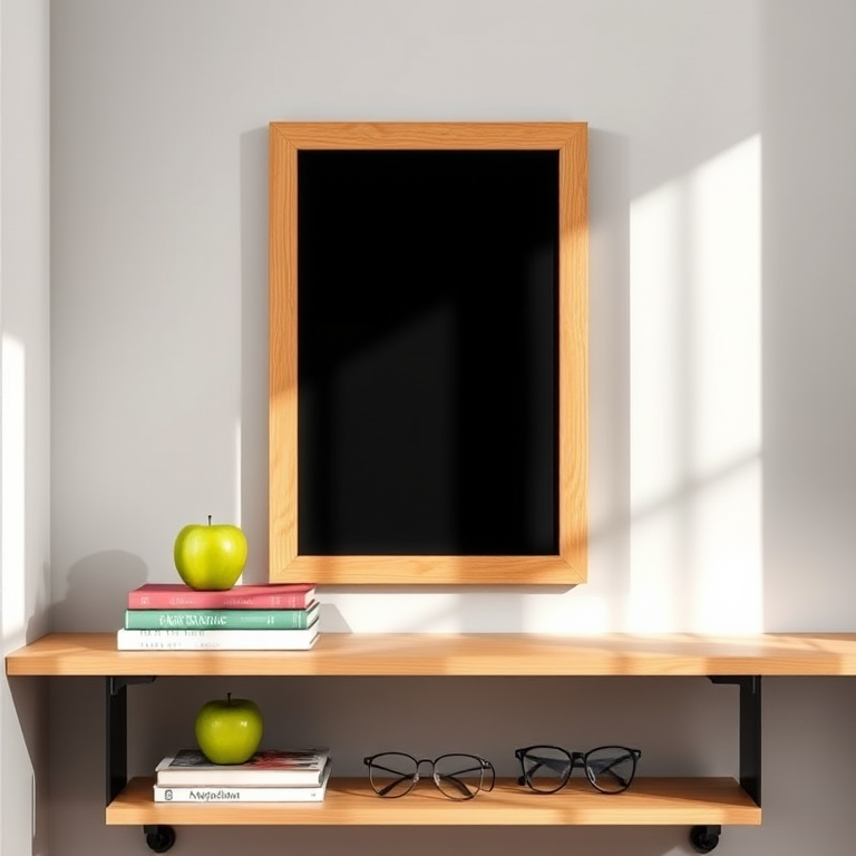 Create a high-resolution image of a black chalkboard in a wooden frame, with a tidy shelf below holding stacked books, a green apple, and glasses, soft natural lighting with a shallow depth of field, captured with a DSLR camera at f/2.8, 50mm lens, ISO 100, 1/200s shutter speed.