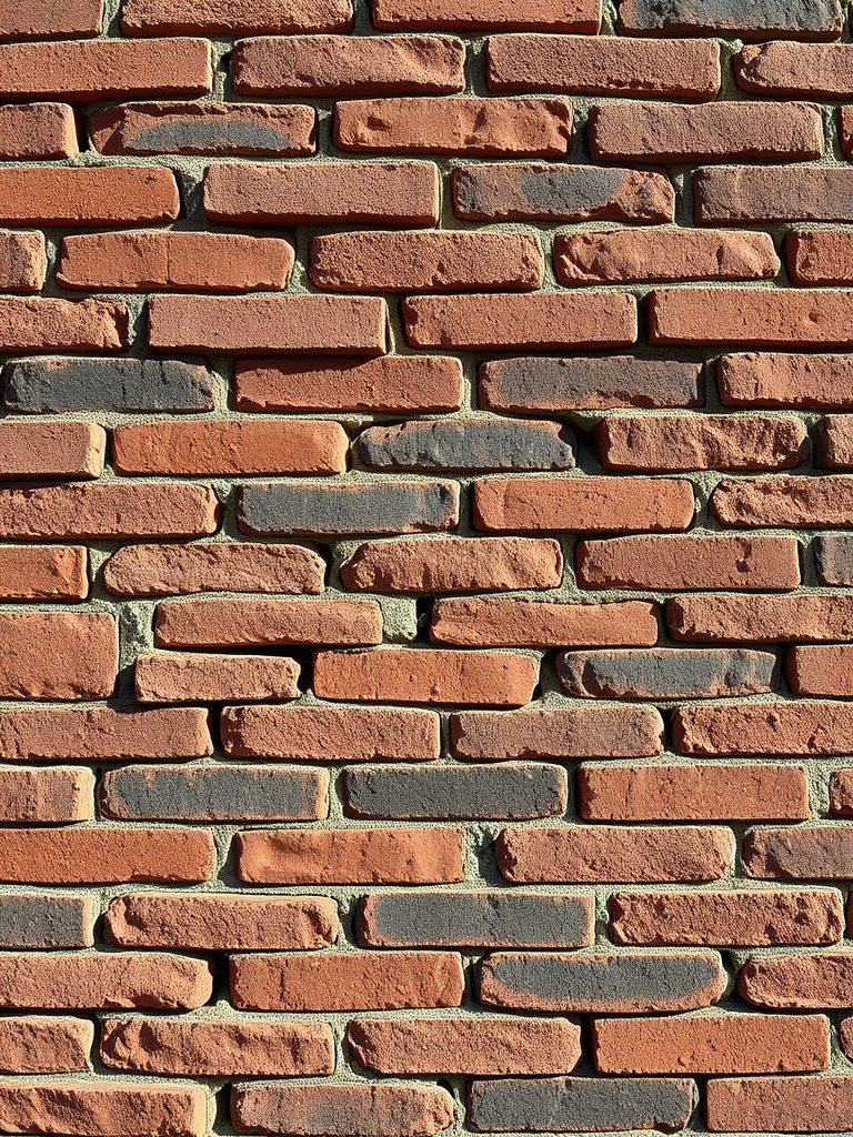Create a high-resolution texture of a weathered brick wall with a mix of red and black bricks, emphasizing the rough surface and detailed imperfections, using a DSLR camera at f/8 aperture, ISO 100, 50mm lens, and natural light from a side source to enhance shadows and highlights.