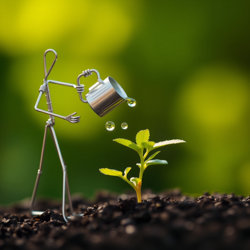 A metal figurine of a person, constructed from thin, silver rods, stands on the left side of the image, facing the viewer. The figurine is holding a small watering can and pouring water onto a young plant, with a few droplets in the air. The plant, with lush green leaves, is situated in the center, growing from dark soil. The background is a soft, out-of-focus blur of green, illuminated by warm, natural light.  The composition creates a sense of depth and intimacy. The image evokes feelings of growth, nurture, and hope.
