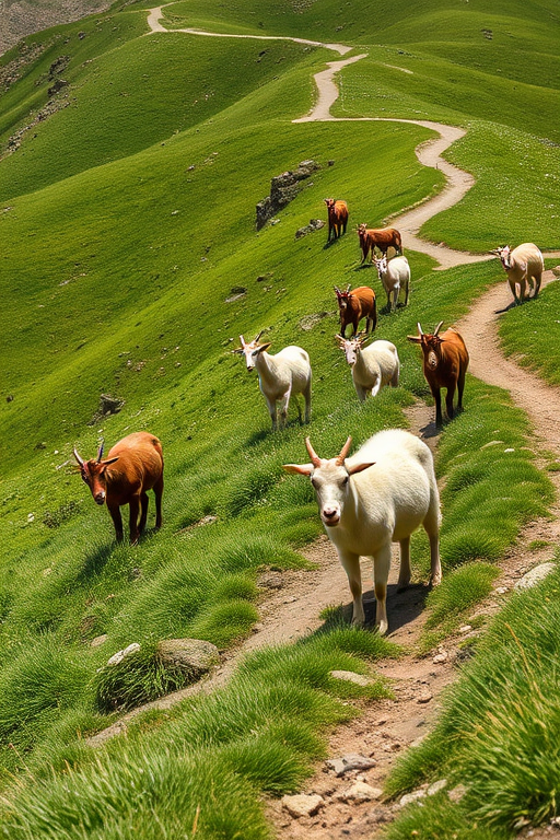Mountain goats grazing on a lush green hillside with a winding dirt path, photographer's perspective from eye level, natural lighting, aperture f/8, shutter speed 1/250 sec, ISO 200, using a Nikon D750 camera with a 24-70mm lens.
