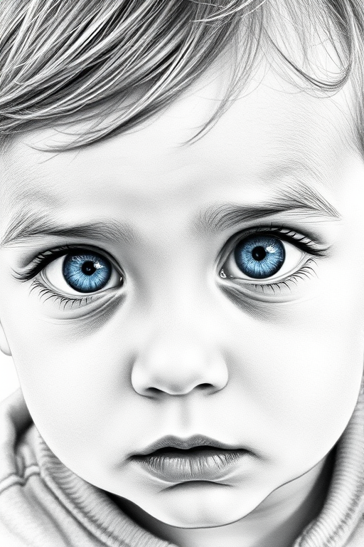 A hyperdetailed photorealistic black and white sketch of a beautiful toddler with deep blue eyes, with a macro focus