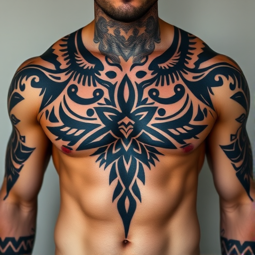 Powerful tribal-inspired body tattoo covering the chest and shoulders, featuring geometric Polynesian patterns in deep matte black ink, representing strength and cultural heritage