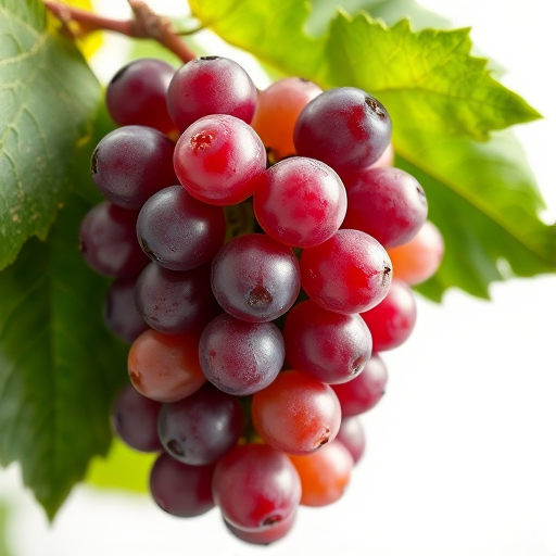 Create a high-resolution illustration of a bunch of grapes with realistic detailing, using a Canon EOS R camera at f/4, ISO 100, 1/200s, captured from a close-up view with macro lens, emphasizing vivid colors and intricate textures of the grapes and leaves.