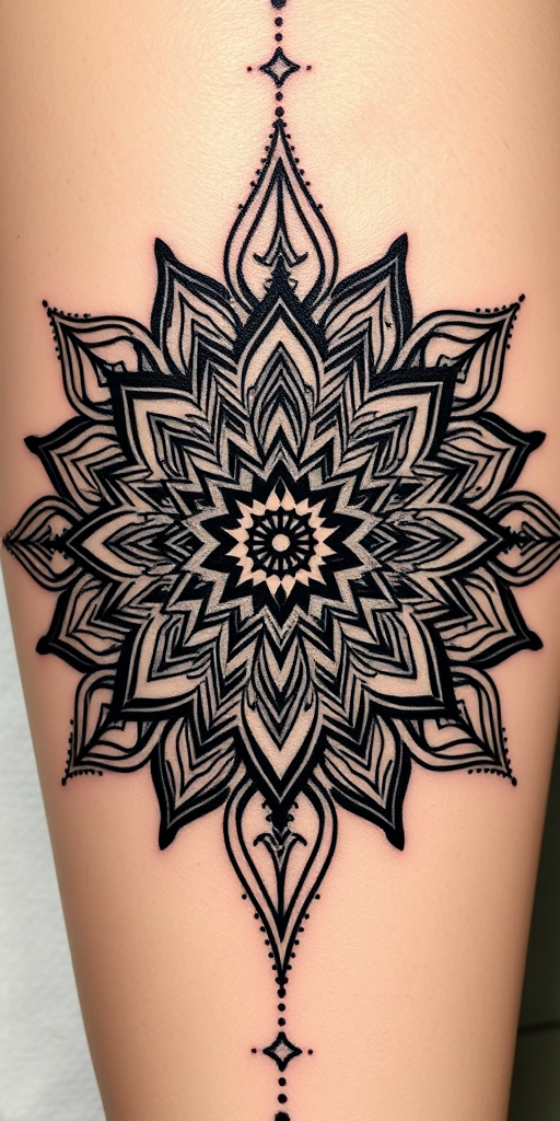 Geometric blackwork tattoo called "Sacred Symmetry" combining intricate mandala patterns with sharp angles and dotwork shading to create a three-dimensional optical illusion effect on the skin