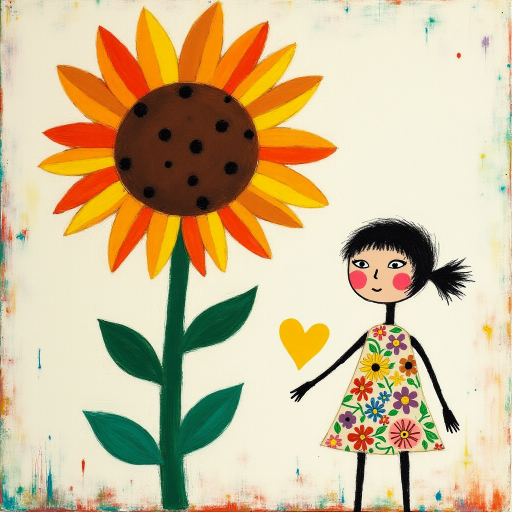 Stylized impressionism painting of a large sunflower with an oversized center and colorful petals. Beside, a young female character with eyes represented by dots and a mouth by a line, pink cheeks, hair attached, arms and legs a black line, flowery white dress triangle shape. A yellow heart surrounded by a black line between the two. Textured background with touches of colorful paint. Childish style.