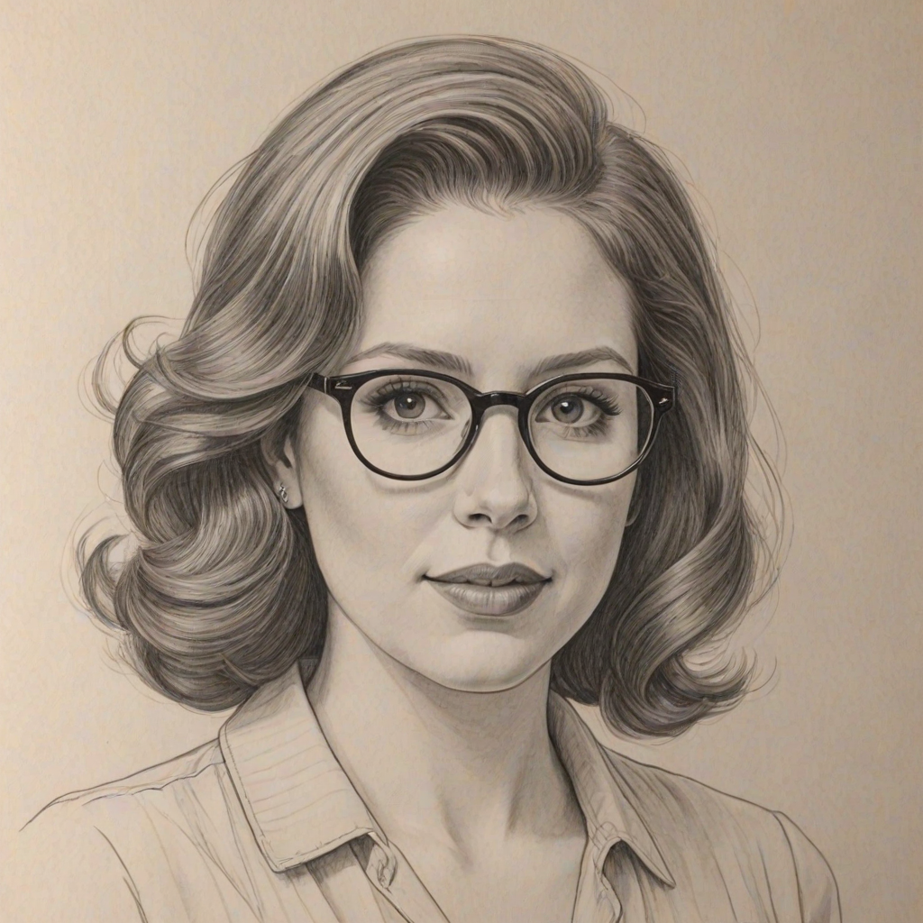 Exquisite Vanessa Bayer, pencil sketch, portrait of Magnificent woman 1952s in glasses, hair style beatnik, outline, clear lines, fine lines, 8k