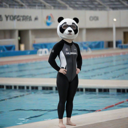 The image is a high-resolution photograph of a charming panda named Huahua, depicted standing at the edge of an Olympic swimming pool. Huahua has her distinctive black and white fur, and she is dressed in a sleek, professional swimsuit, complete with a swim cap and goggles. The swimsuit is detailed with racing stripes and team logos, adding to her athletic appearance.