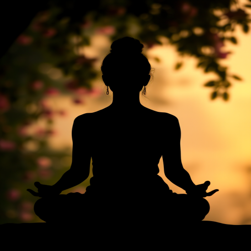 Create a serene image of a silhouette meditating with a floral background, using a 50mm lens at f/1.8, ISO 200, 1/200s shutter speed, captured with a DSLR camera in a soft focus style to enhance details and colors.