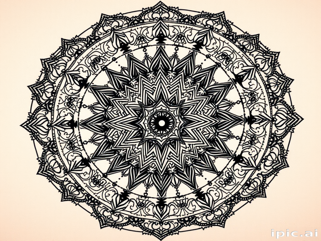Intricate blackwork mandala tattoo, "Cosmic Geometry," composed of precise dotwork and fine lines forming intricate geometric patterns, radiating from a central point with gradually increasing complexity, incorporating sacred symbols and mystical elements, perfect for a full back or chest piece