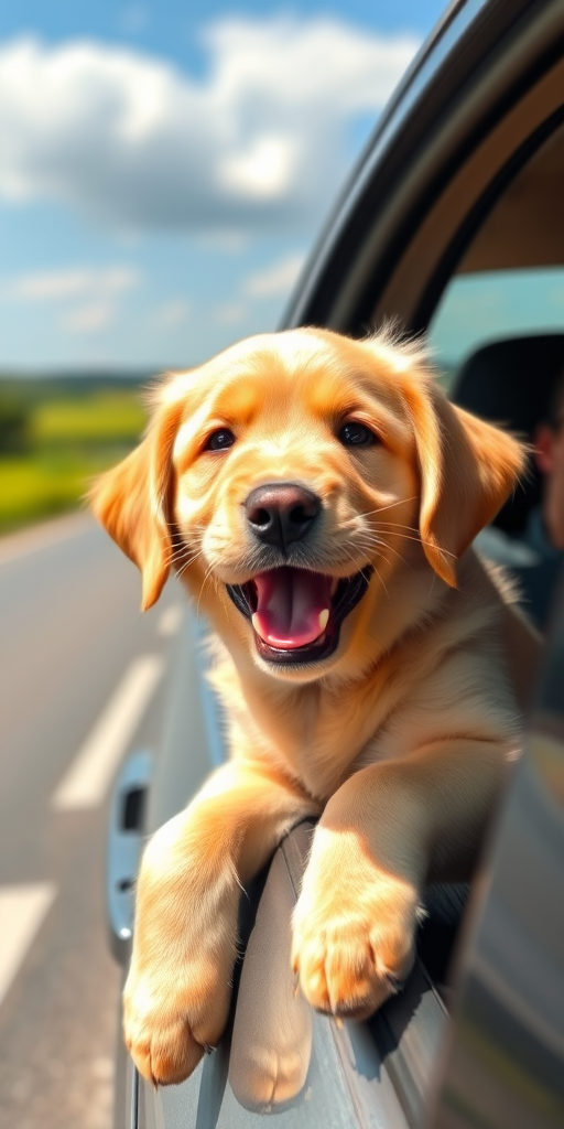 A happy golden retriever puppy with its head out of a car window enjoying a ride on a sunny day with a blurred background of a road and green fields.