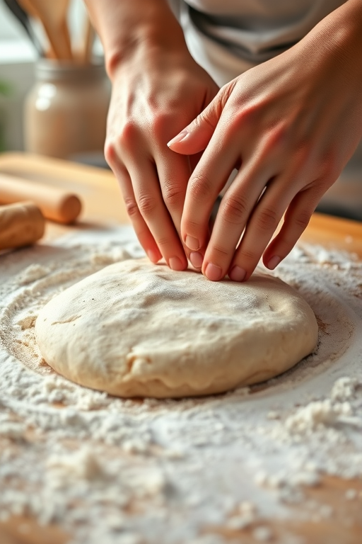 Close-up of a pair of hands kneading dough on a floured surface, soft light illuminating the flour and the dough, with kitchen utensils softly blurred in the background.