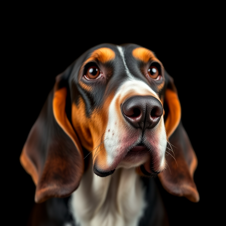regenerate a close-up portrait of a basset hound against a solid black background with a DSLR camera at f/2.8 aperture, 50mm lens, ISO 100, and a shallow depth of field to enhance image quality and focus on the dog's features