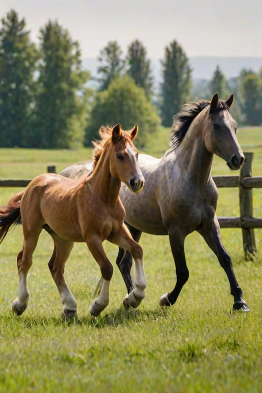 a mare and her foal galloping together in a lush green pasture with a wooden fence in the background, sunny day and soft focus on the horses' flowing manes