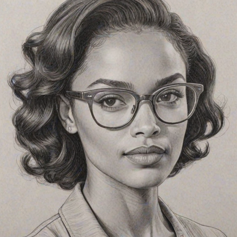 Gorgeous Maisie Richardson-Sellers, pencil sketch, portrait of Lovely woman 1958s in glasses, hair style beatnik, outline, clear lines, fine lines, 8k