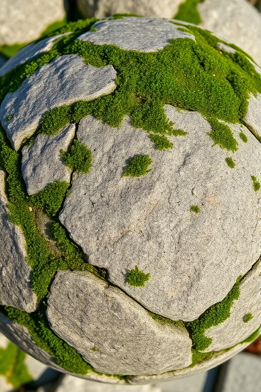 Create a high-resolution spherical texture of a weathered stone surface with moss, captured using a DSLR camera at f/8 aperture, ISO 100, 24mm focal length, in natural light to emphasize texture and detail.