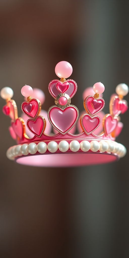 create a digital illustration of a whimsical crown adorned with pink hearts and pearls, using a DSLR camera with a 50mm lens, f/1.8 aperture, ISO 200, soft natural lighting, and a shallow depth of field to emphasize the intricate details and vibrant colors of the crown against a blurred background.