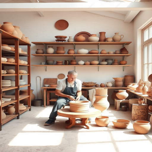 Artistic pottery studio, with a potter shaping clay on a wheel, shelves filled with beautifully crafted pieces, and sunlight streaming through large windows.