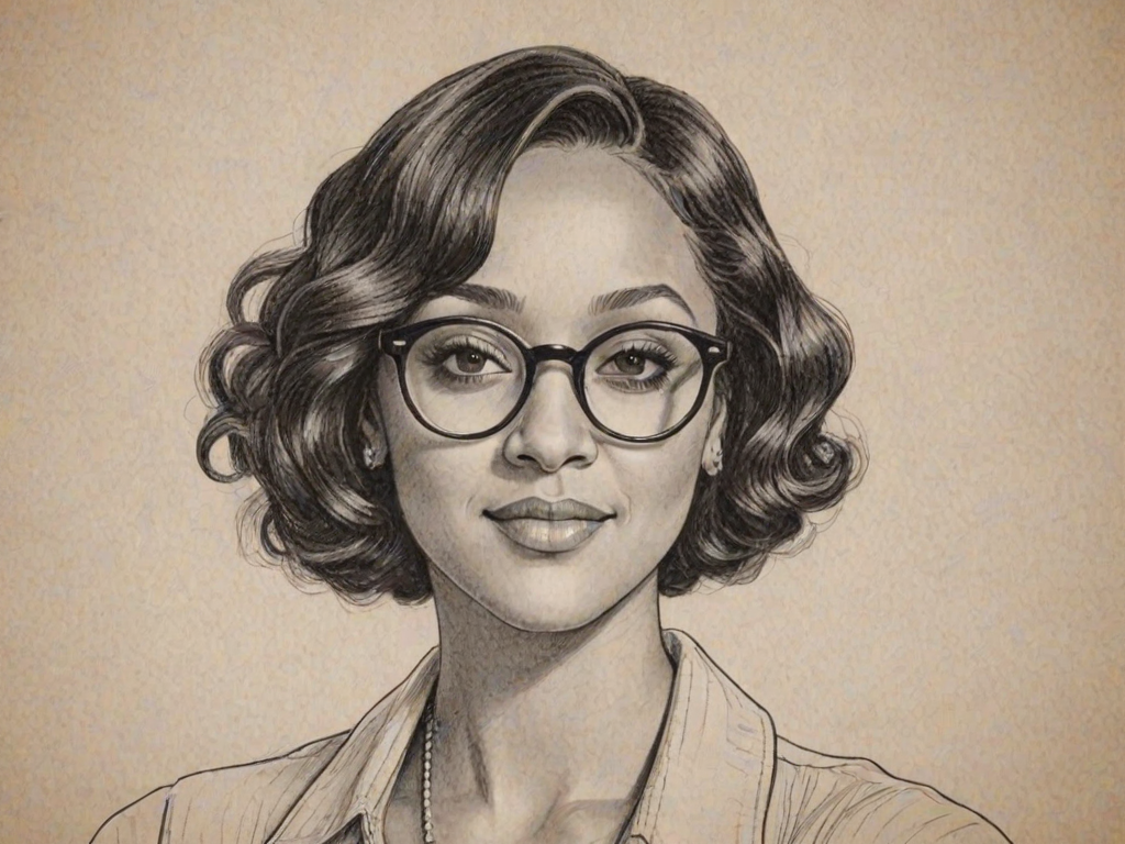 Stunning Tamara Mowry, pencil sketch, portrait of Sublime woman 1931s in glasses, hair style beatnik, outline, clear lines, fine lines, 8k