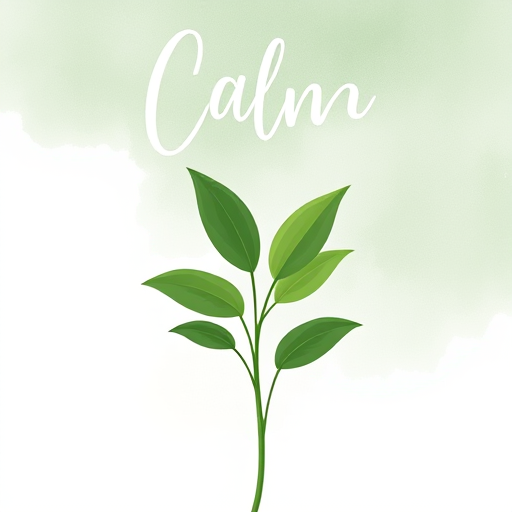 Create a serene illustration of a simple green plant with lush leaves on a soft, watercolor background in pastel greens, include the word "Calm" in an elegant font above the plant, camera settings: aperture f/2.8, ISO 100, shutter speed 1/125s, camera view: close-up, camera style: minimalistic, camera type: digital.