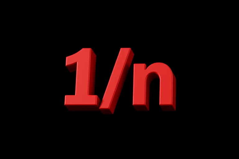 3D rendering of a red fraction with "1/n" on a black background, camera settings: f/8, ISO 100, shutter speed 1/60s, camera view: close-up, camera style: high contrast, camera type: digital DSLR.