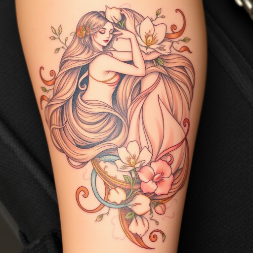 Elegant Art Nouveau tattoo named "Mucha's Muse" inspired by the flowing lines and natural motifs of the iconic art movement. Graceful female figures with long, flowing hair intertwine with delicate flowers and swirling patterns. A soft, muted color palette of pastels and gold accents enhances the romantic, dreamlike quality of the design.