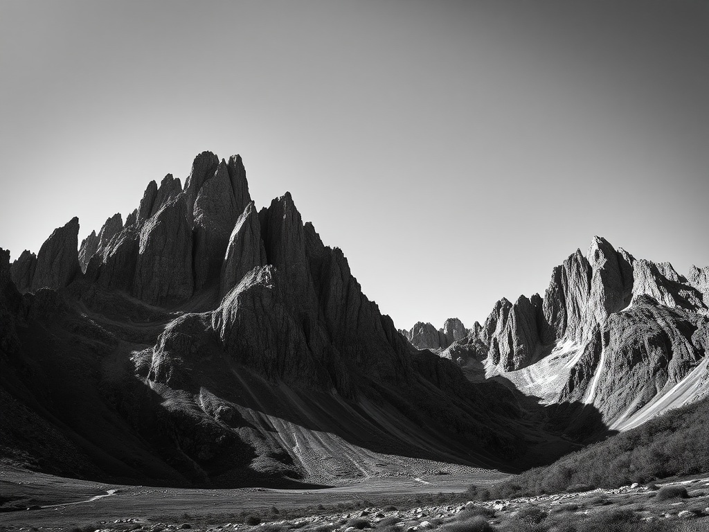Regenerate an image of a dramatic mountain landscape with steep rocky peaks under a clear sky, captured in high contrast black and white, using a DSLR camera with a wide-angle lens, ISO 100, aperture f/8, and shutter speed 1/250s, from a ground-level perspective.