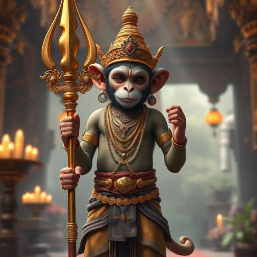 A highly detailed digital painting of a young monkey god figure standing confidently with a golden staff, adorned in intricate jewelry and rich clothing, set in a lush, mystical temple environment with soft, ethereal lighting, shot with a Canon EOS R5, 85mm f/1.2 lens, at ISO 100, aperture f/2, with a shallow depth of field to create a dreamy background blur.