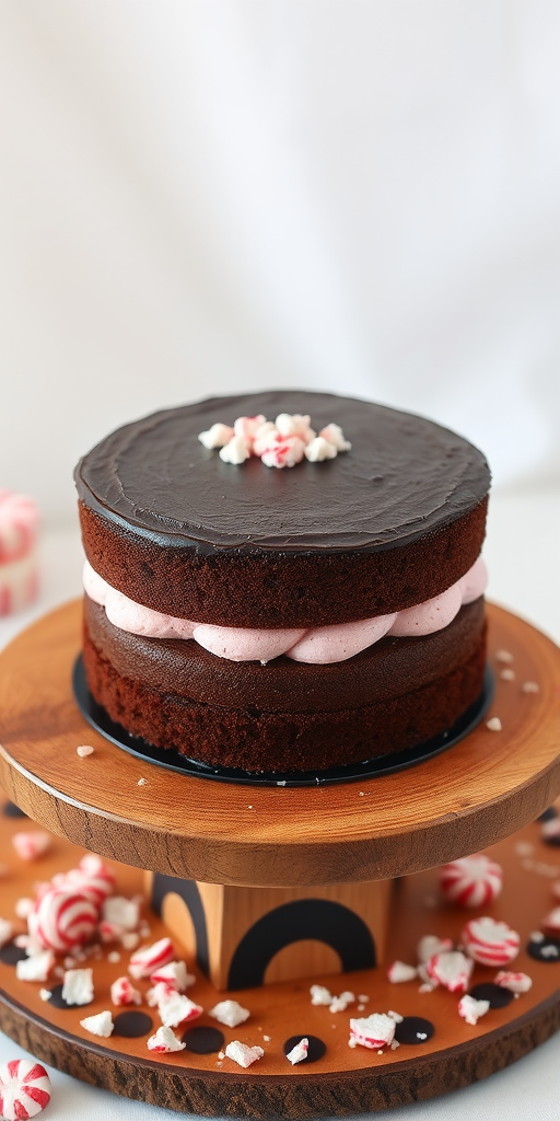 A beautifully layered cake with a rich chocolate exterior and a pink whipped filling, showcasing a dark chocolate base, placed on a wooden cake stand, surrounded by crushed peppermint pieces, with a clean white tablecloth as the backdrop.