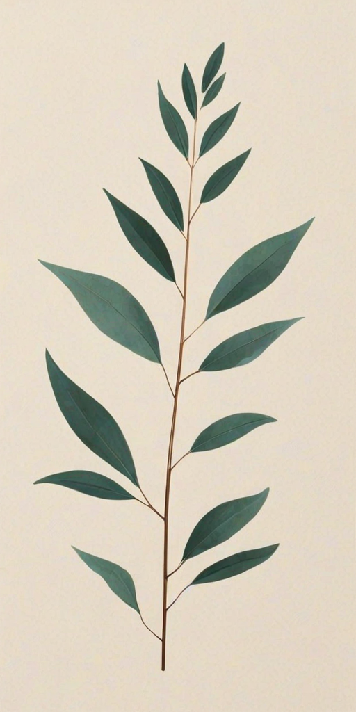 create a simple, elegant illustration of a slender branch with leaves in a minimalist style on a plain background