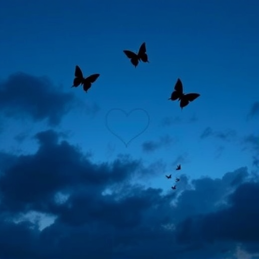 Create a serene nighttime scene featuring a deep blue sky with soft clouds. Include several black butterflies gracefully flying across the sky. Center a subtle heart shape in the middle of the composition.