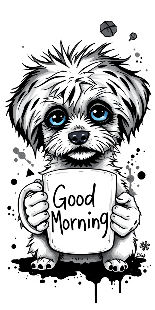 A quirky, artistic illustration of a disheveled peekapoo dog breed with exaggerated, large eyes and spiky fur, holding a coffee mug that reads "Good Morning". The dog has a tired but humorous expression, with ink splatters and abstract details surrounding it, giving a whimsical feel to the image. The color palette is mostly monochrome with hints of blue in the eyes and steam rising from the mug, enhancing the overall sleepy vibe